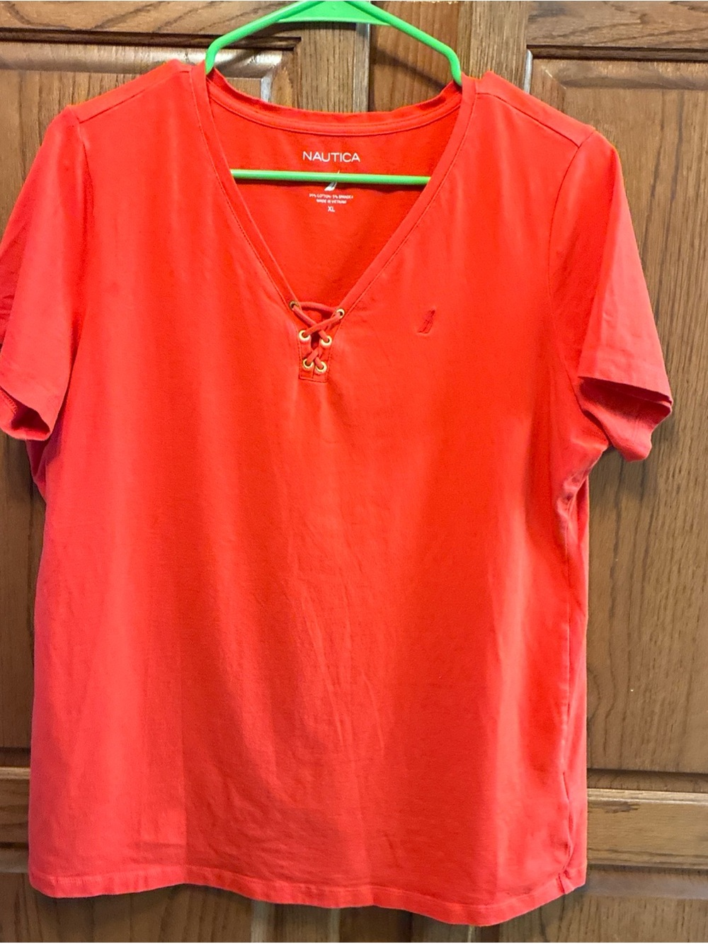 Nautica women’s Bright Red Lace-Up V-Neck Short Sleeve Polo size XL